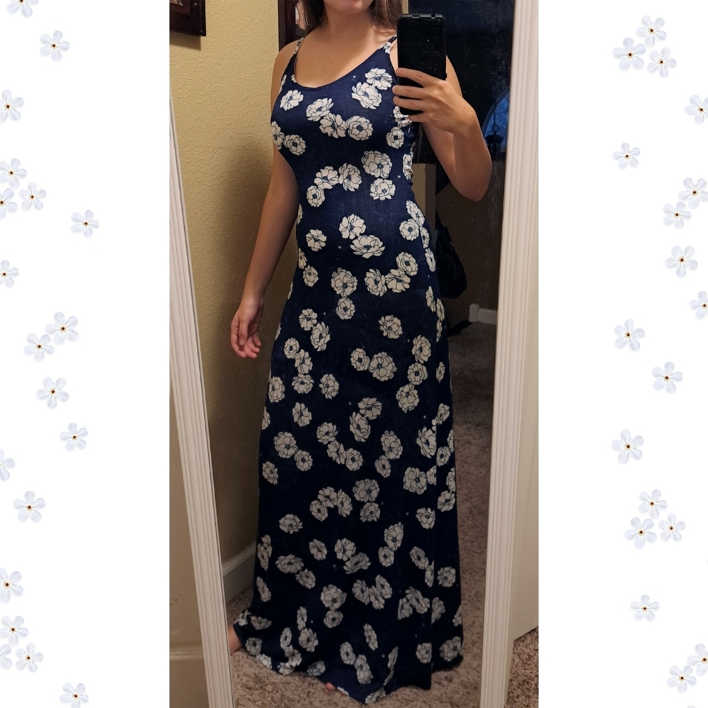 Wet Seal Size S Blue & White Floral Scoop Neck Maxi Sundress Vintage